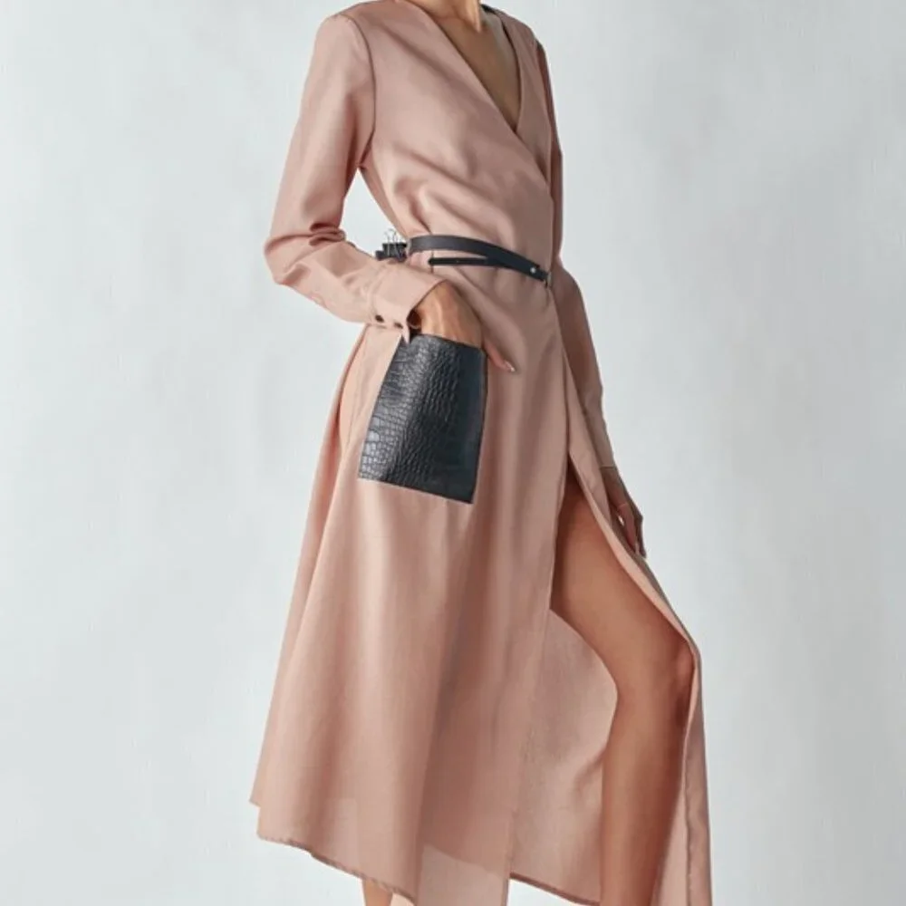 Belted Midi Dress w/ Faux Leather Pocket and Belt | Long Sleeve